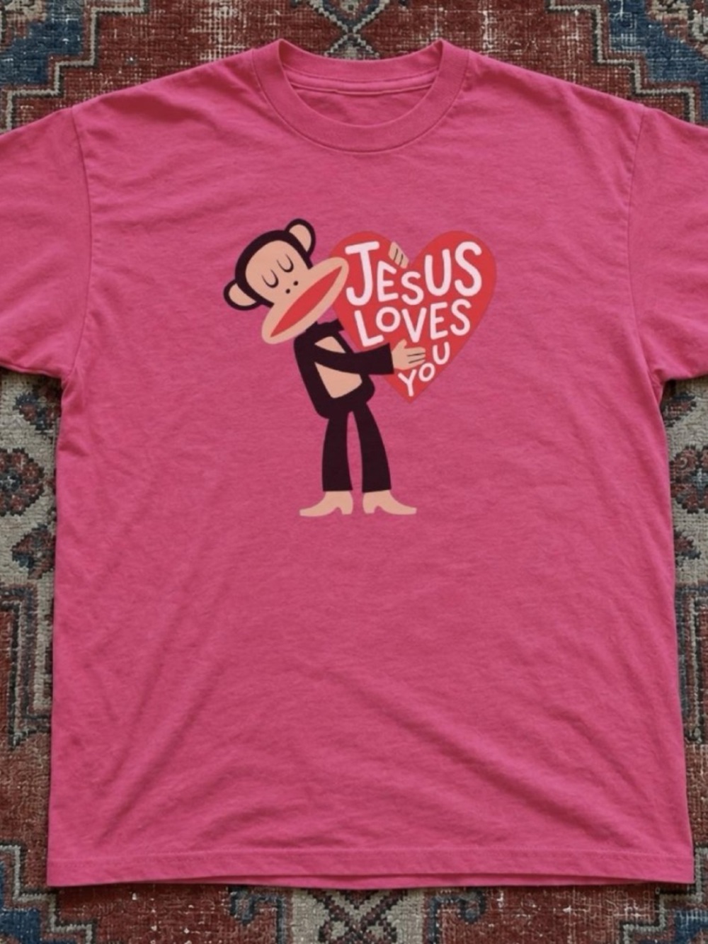 Paul Frank Julius Monkey Jesus Loves You Heart Graphic Vintage Pink T-Shirt